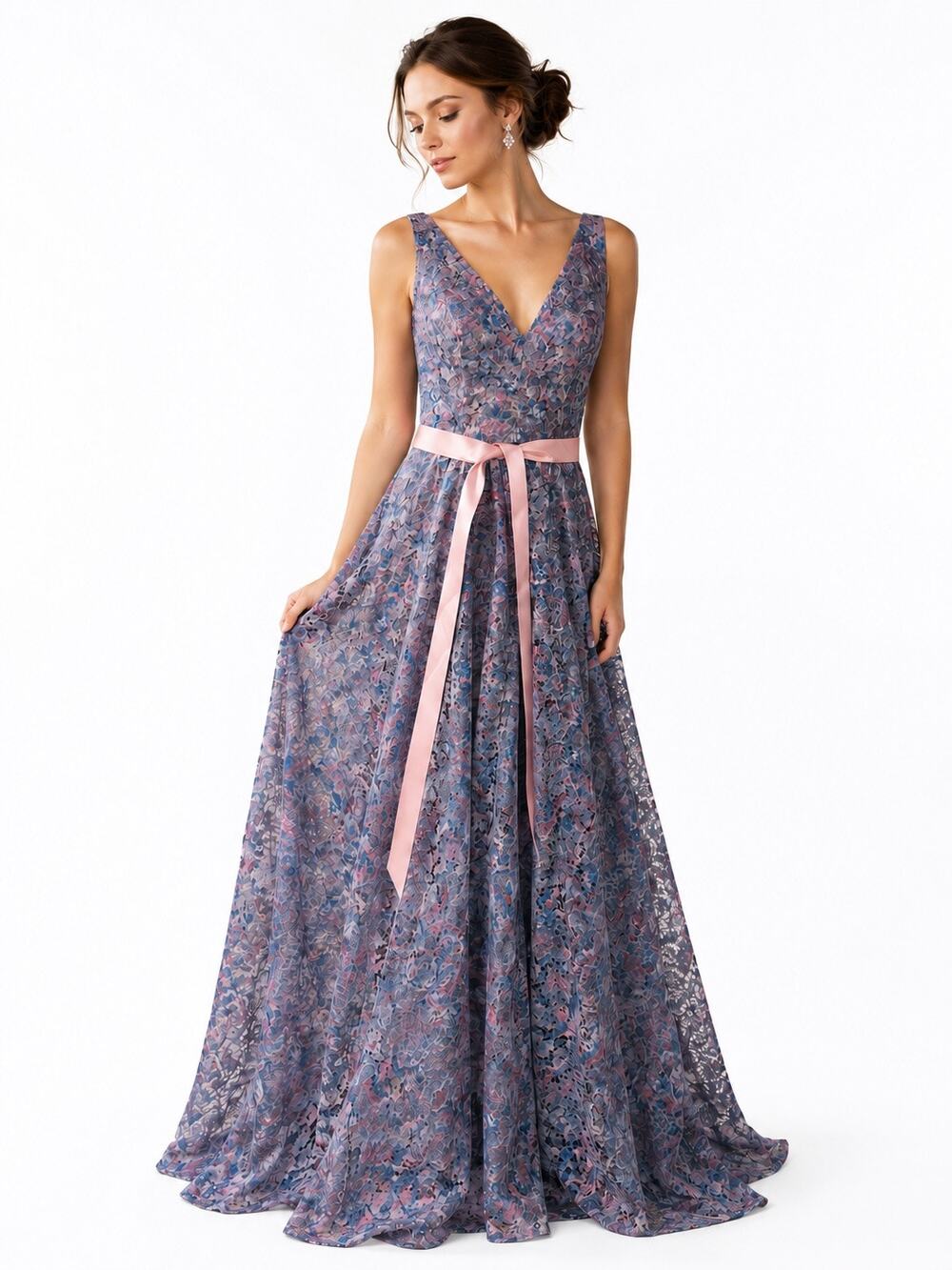 Rene Ruiz Collection Purple Pink V-Neck Lace Gown Dress